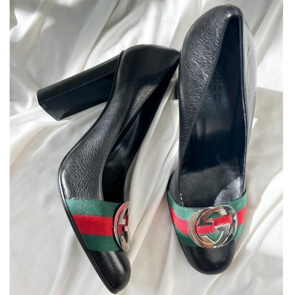 Gucci Black Leather Heels with Red and Green Accents